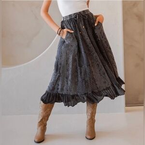 NEW!!! Young Threads Boho Embroidered Maxi Skirt in Charcoal Gray, NWT